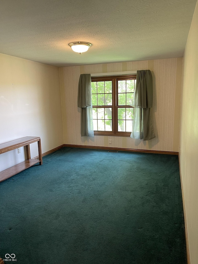 carpeted spare room featuring a textured ceiling and baseboards