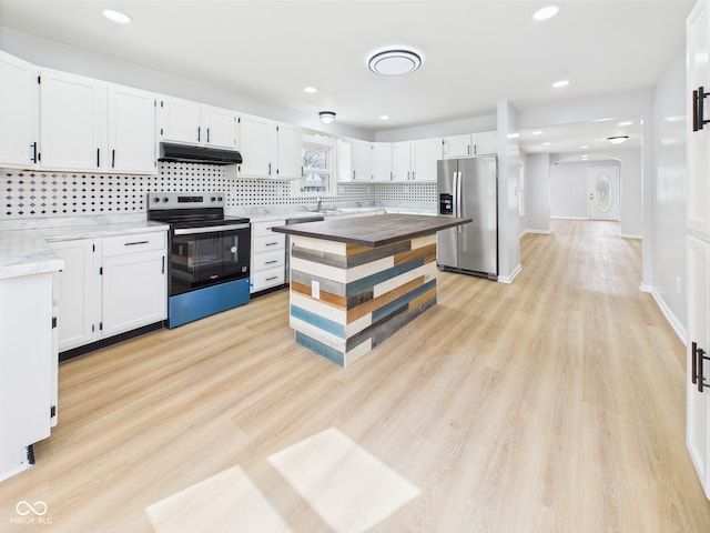225 S Carthage Rd, Charlottesville, IN 46117 - kitchen with stainless steel fridge with ice dispenser, electric stove, under cabinet range hood, backsplash, and white cabinetry