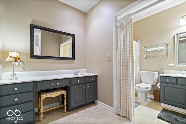 full bathroom featuring toilet, vanity, tile patterned floors, and a shower with shower curtain