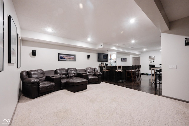 14030 Avalon E Dr, Fishers, IN 46037 - living room featuring dark colored carpet, bar area, recessed lighting, and baseboards