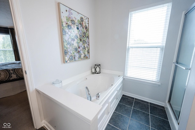 14030 Avalon E Dr, Fishers, IN 46037 - ensuite bathroom with a garden tub, baseboards, an enclosed shower, and tile patterned flooring