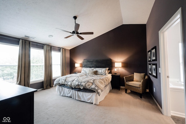 14030 Avalon E Dr, Fishers, IN 46037 - bedroom with light colored carpet, vaulted ceiling, and a ceiling fan