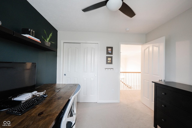 14030 Avalon E Dr, Fishers, IN 46037 - office area featuring a ceiling fan, light colored carpet, and baseboards