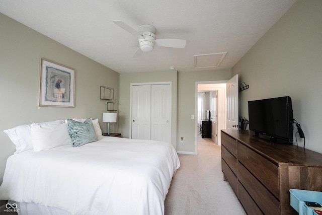 14030 Avalon E Dr, Fishers, IN 46037 - bedroom with a closet, attic access, light colored carpet, ceiling fan, and baseboards