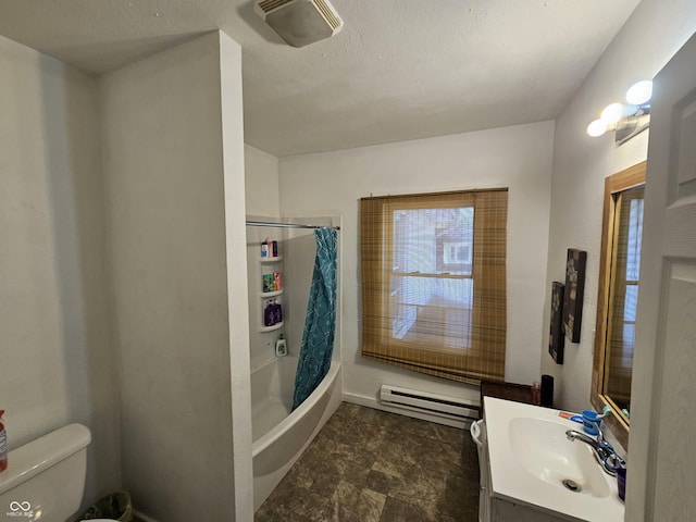 1222 Nichol Ave, Anderson, IN 46016 - full bathroom with baseboard heating, toilet, shower / tub combo with curtain, and vanity