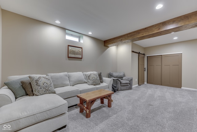 1476 Anon Ct, Greenwood, IN 46143 - living area with a barn door, recessed lighting, light carpet, and baseboards