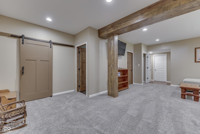 1476 Anon Ct, Greenwood, IN 46143 - living area with a barn door, recessed lighting, carpet floors, baseboards, and beamed ceiling