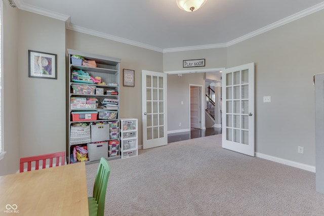 1476 Anon Ct, Greenwood, IN 46143 - game room featuring french doors, crown molding, carpet flooring, and baseboards