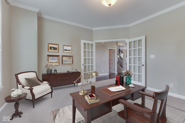 1476 Anon Ct, Greenwood, IN 46143 - living room featuring french doors, carpet floors, ornamental molding, baseboards, and a desk