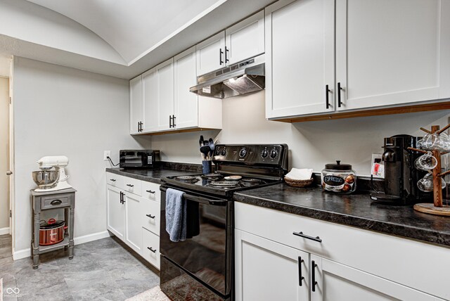 kitchen with black electric range, white cabinets, baseboards, under cabinet range hood, and lofted ceiling