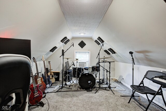 workout room with lofted ceiling, carpet flooring, and a textured ceiling
