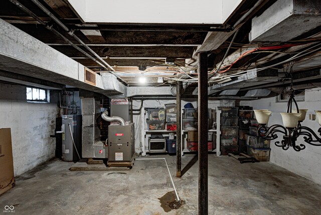 below grade area with water heater and heating unit