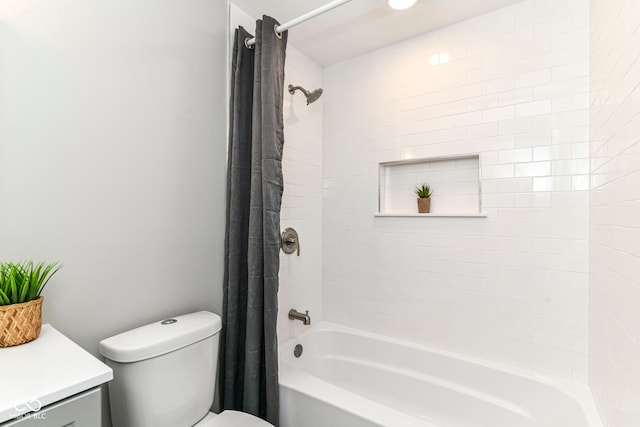 7118 Mikesell Dr, Indianapolis, IN 46260 - bathroom featuring shower / bathtub combination with curtain, vanity, and toilet