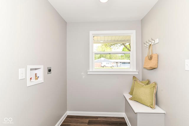 7118 Mikesell Dr, Indianapolis, IN 46260 - laundry area with hookup for an electric dryer, baseboards, washer hookup, and dark wood-style flooring