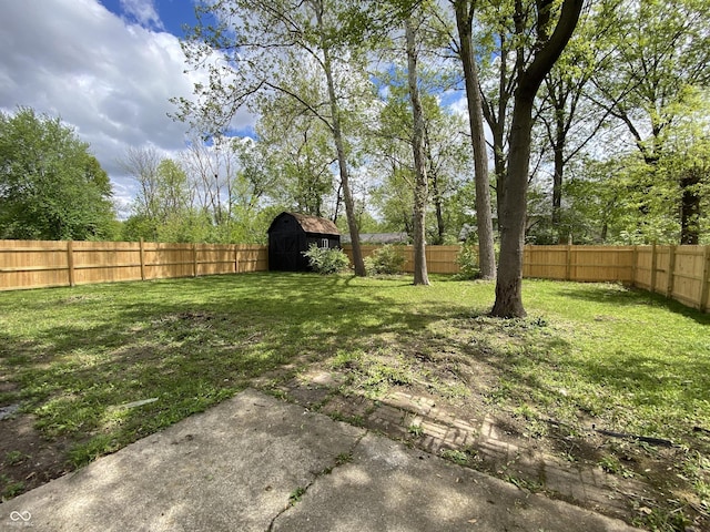 view of yard with an outdoor structure, a fenced backyard, and a storage unit