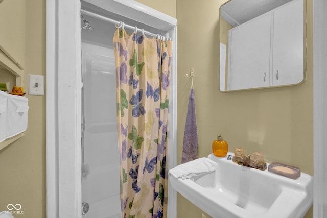 205 E Washington St, Roachdale, IN 46172 - bathroom featuring a sink and a shower with shower curtain