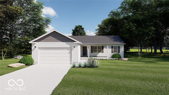 ranch-style house with covered porch, an attached garage, a front lawn, and driveway