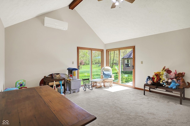 11471 Clarkston Rd, Zionsville, IN 46077 - carpeted living room featuring an AC wall unit, high vaulted ceiling, a ceiling fan, beam ceiling, and baseboards