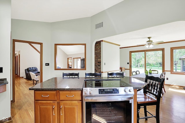 11471 Clarkston Rd, Zionsville, IN 46077 - kitchen featuring stainless steel range with electric stovetop, light wood finished floors, dark stone countertops, a breakfast bar, and vaulted ceiling
