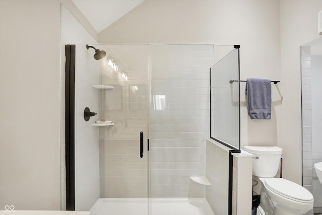 11471 Clarkston Rd, Zionsville, IN 46077 - bathroom featuring a shower stall, toilet, and vaulted ceiling
