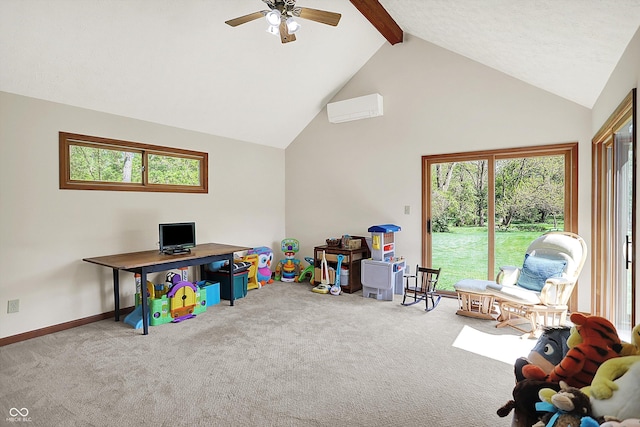 11471 Clarkston Rd, Zionsville, IN 46077 - game room with beamed ceiling, a ceiling fan, a wall mounted air conditioner, carpet, and plenty of natural light