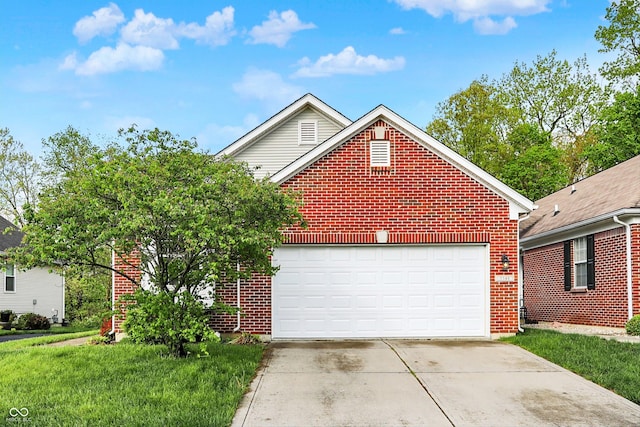 view of front facade featuring brick siding, concrete driveway, a garage, and a front yard