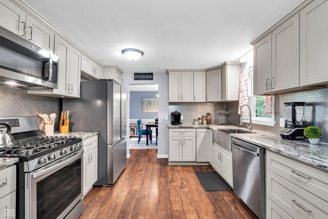 kitchen featuring stainless steel appliances, a sink, decorative backsplash, dark wood-style flooring, and light stone countertops
