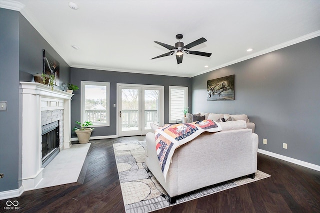 11319 Shoreview Ln, Indianapolis, IN 46236 - living room featuring ceiling fan, ornamental molding, wood finished floors, a fireplace with flush hearth, and baseboards