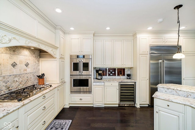11319 Shoreview Ln, Indianapolis, IN 46236 - kitchen with beverage cooler, stainless steel appliances, decorative backsplash, pendant lighting, and light stone countertops