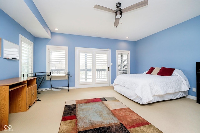 11319 Shoreview Ln, Indianapolis, IN 46236 - carpeted bedroom with access to exterior, recessed lighting, baseboards, and a ceiling fan