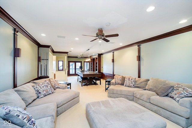 11319 Shoreview Ln, Indianapolis, IN 46236 - living room featuring crown molding, recessed lighting, ceiling fan, light carpet, and baseboards