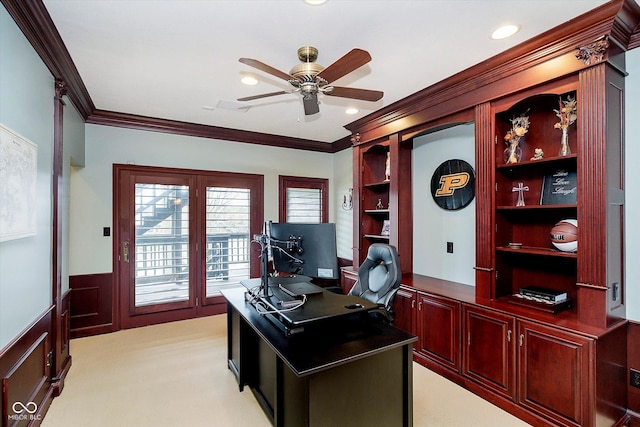 11319 Shoreview Ln, Indianapolis, IN 46236 - office space featuring ceiling fan, crown molding, wainscoting, light carpet, and built in shelves