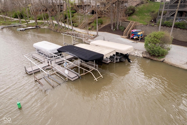 11319 Shoreview Ln, Indianapolis, IN 46236 - dock area featuring boat lift, stairs, and a water view
