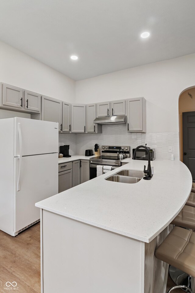 1728 N Delaware St, Indianapolis, IN 46202 - kitchen featuring freestanding refrigerator, electric range, gray cabinetry, under cabinet range hood, and a sink