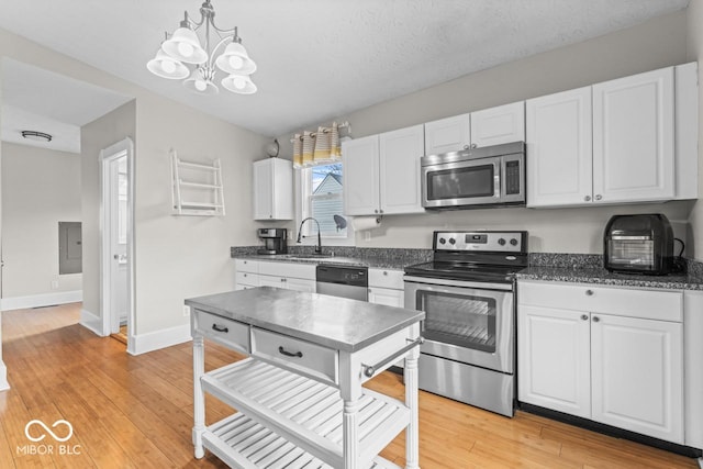 1505 Spann Ave, Indianapolis, IN 46203 - kitchen featuring appliances with stainless steel finishes, a sink, white cabinetry, a chandelier, and baseboards