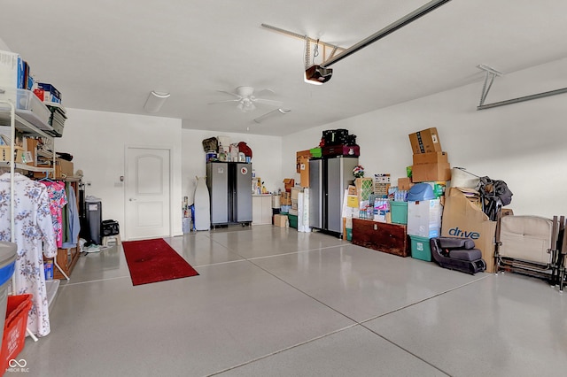 garage featuring a ceiling fan and a garage door opener