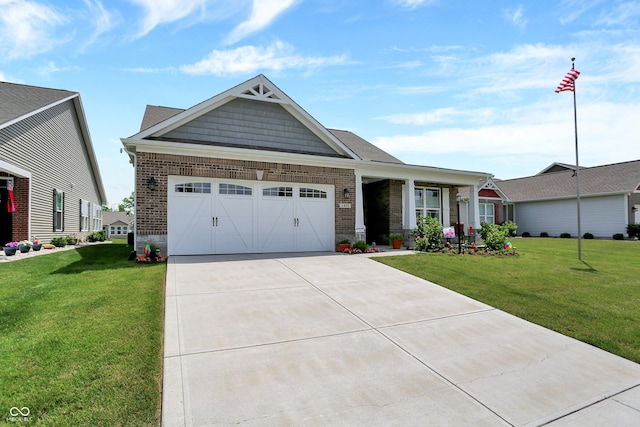 craftsman inspired home featuring a front yard, brick siding, and a garage