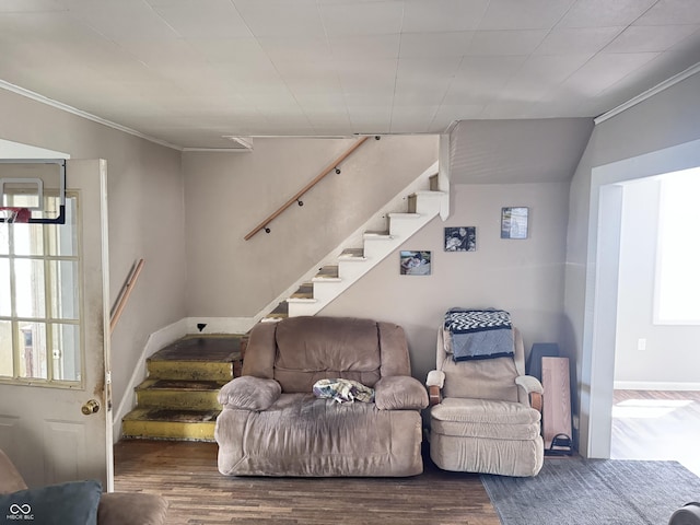 living room featuring stairway, ornamental molding, and wood finished floors