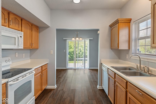 4136 Orchard Valley Ln, Indianapolis, IN 46235 - kitchen featuring white appliances, a sink, baseboards, dark wood-type flooring, and light countertops