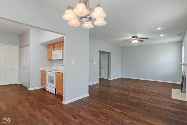 4136 Orchard Valley Ln, Indianapolis, IN 46235 - kitchen with white appliances, dark wood-type flooring, ceiling fan, a chandelier, and baseboards