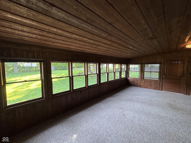 1314 E Orange Pike, Rushville, IN 46173 - unfurnished sunroom featuring wood walls, carpet flooring, and wooden ceiling