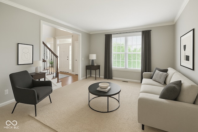 carpeted living area featuring ornamental molding, baseboards, and stairway