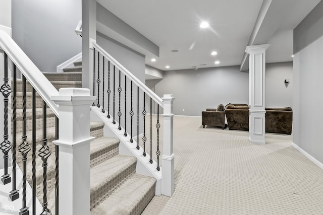 stairs with carpet floors, recessed lighting, and baseboards