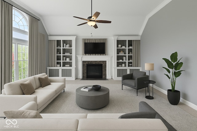carpeted living room with vaulted ceiling, ceiling fan, baseboards, a fireplace with flush hearth, and ornamental molding