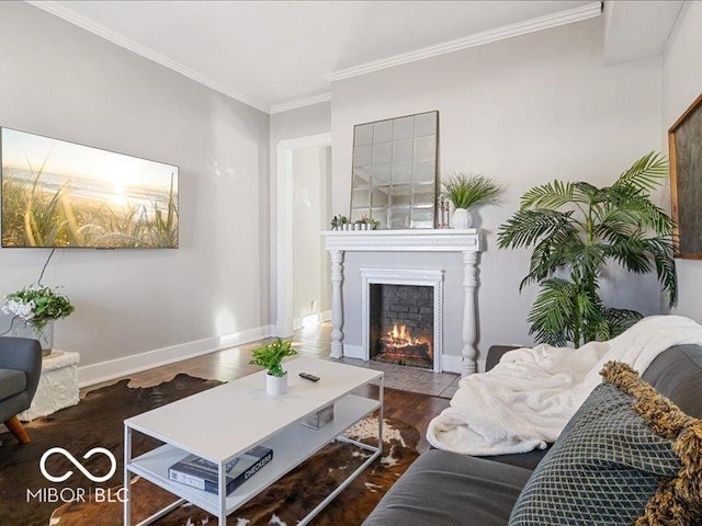 923 S State Ave, Indianapolis, IN 46203 - living room with a fireplace with flush hearth, crown molding, wood finished floors, and baseboards