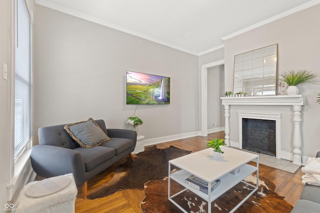 923 S State Ave, Indianapolis, IN 46203 - living area with ornamental molding, baseboards, and a fireplace with flush hearth