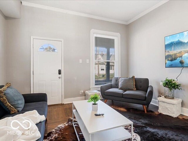923 S State Ave, Indianapolis, IN 46203 - living room with plenty of natural light, dark wood-style floors, baseboards, and ornamental molding