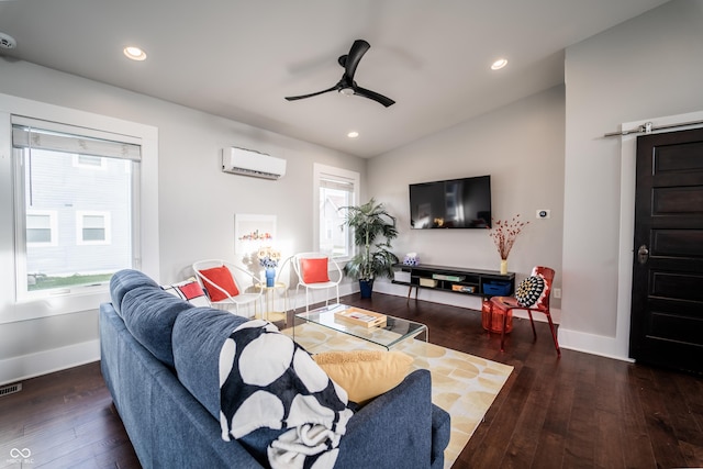 1112 Spann Ave, Indianapolis, IN 46203 - living area featuring an AC wall unit, hardwood / wood-style flooring, baseboards, ceiling fan, and recessed lighting