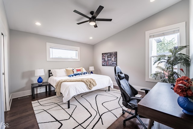 1112 Spann Ave, Indianapolis, IN 46203 - bedroom featuring multiple windows, lofted ceiling, wood finished floors, recessed lighting, and an office area