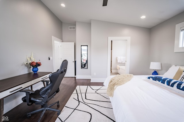 1112 Spann Ave, Indianapolis, IN 46203 - bedroom with wood finished floors, baseboards, recessed lighting, an office area, and connected bathroom